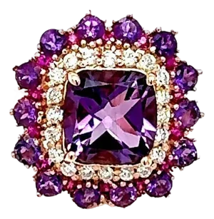 5.67 Carat Cushion Cut Amethyst Pink Sapphire Diamond Rose Gold Cocktail Ring, Size 7