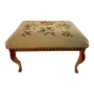Vintage English Needlepoint Upholstered Footstool With Queen Anne Legs For Sale