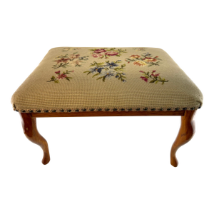 Vintage English Needlepoint Upholstered Footstool With Queen Anne Legs
