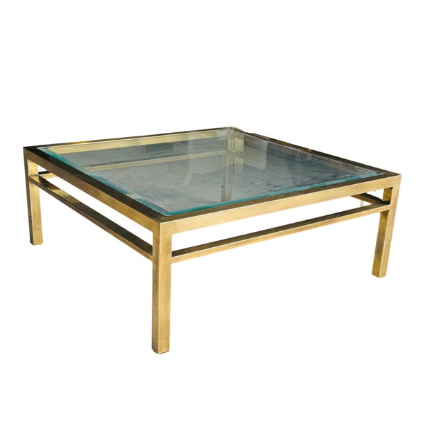 Metal Vintage 1970s Brass & Glass Square Coffee Table | Hollywood Regency Mid-Century Modern Cocktail Table | Maison Jansen Style For Sale - Image 7 of 14