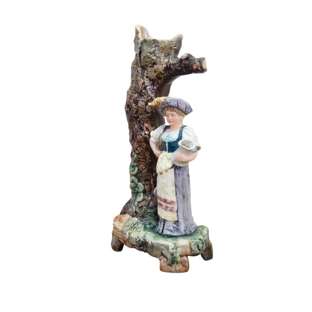 This vintage majolica figural vase features a highly textured, brown-glazed tree trunk that serves as the main vessel,...