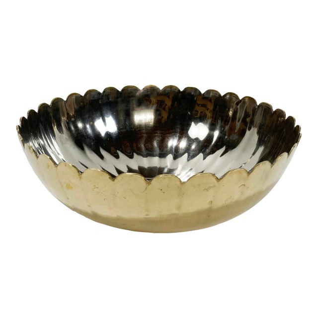 Vintage Large Scalloped Brass Bowl W/ Silver Interior For Sale