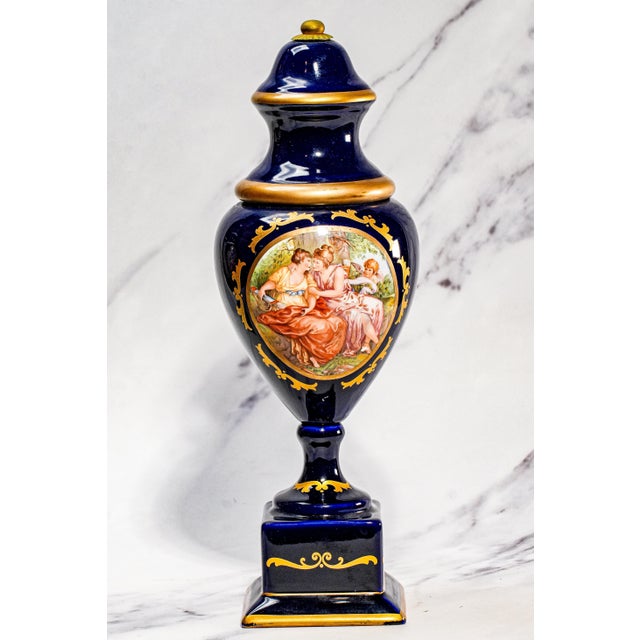 Ornate Decorative Pair Antique Italian Blue and Gold Hand Painted Urns Classical Scenes Mythology Home Decor For Sale - Image 11 of 18