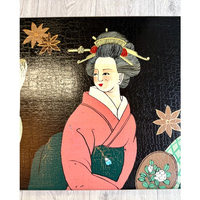 Black Vintage Japanese Hand Painted Wood Box W/Handles 39" For Sale - Image 8 of 14