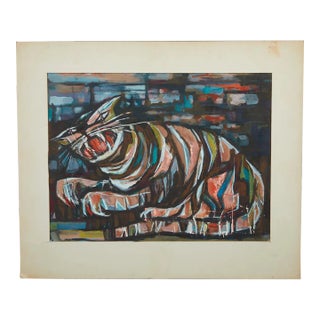 MCM Abstract Cat Acrylic Painting by James Tucker 1956 Cubism For Sale