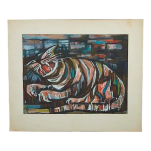MCM Abstract Cat Acrylic Painting by James Tucker 1956 Cubism