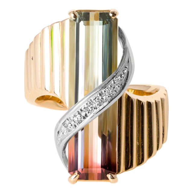 Vintage 18k/ Plat Gold Watermelon Tourmaline and Diamond Ring, Size 6.75 For Sale