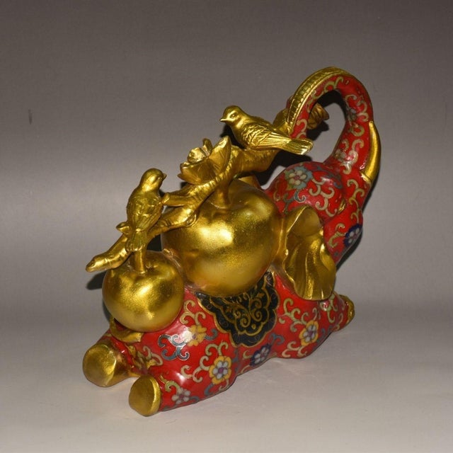 Red Vintage Cloisonné Elephant Statue With Golden Apples, Birds, and Floral Motifs For Sale - Image 8 of 9