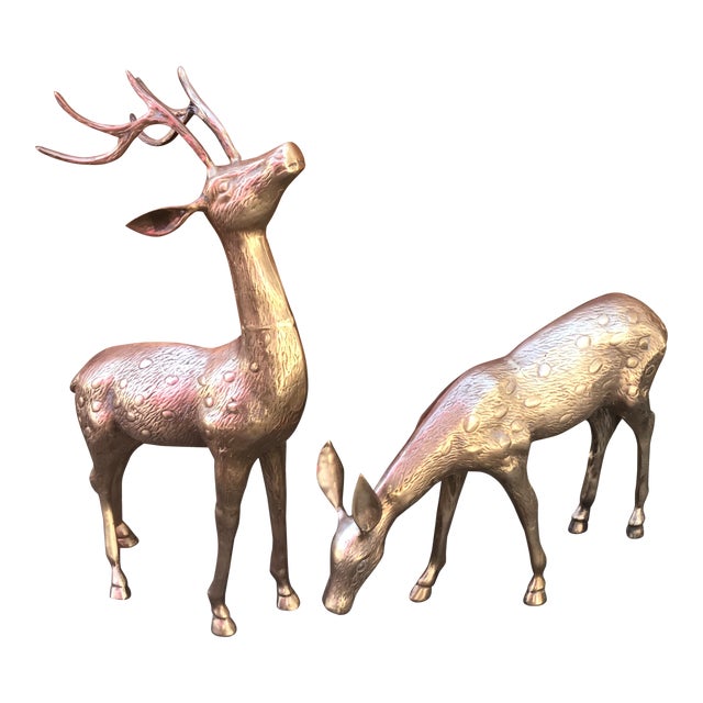 Large Mid Century Brass Deer Floor Statues a Pair Chairish