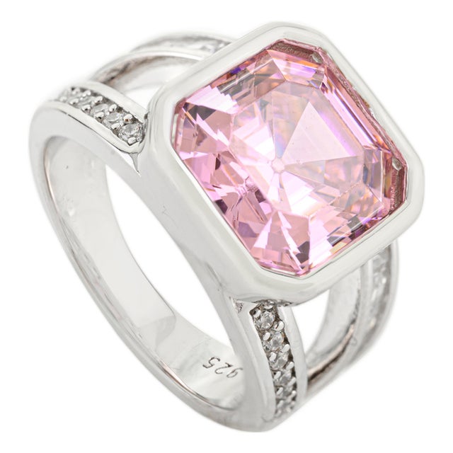 Stunning Pink Zirconia Asscher Cut Solitaire Ring in Ottoman Design for Unisex- Size 7 For Sale