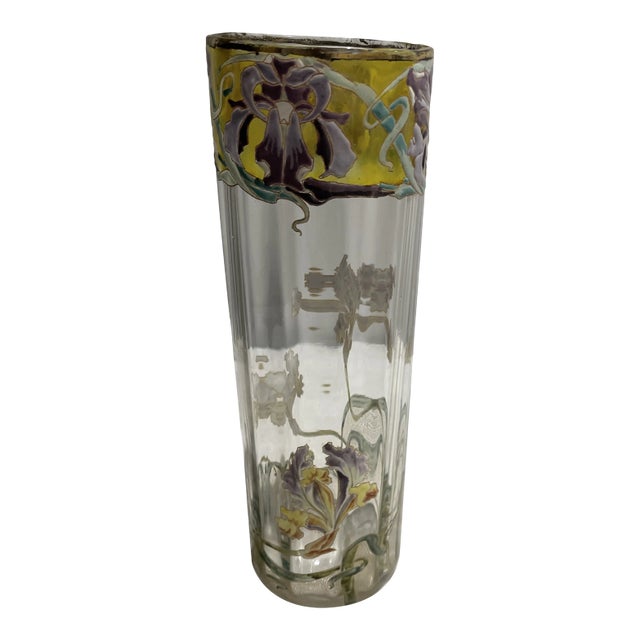 Antique French Art Nouveau Hand Blown Vase With Enamel Overlay For Sale