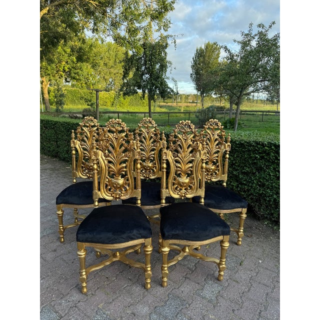 1900 Italian Rococo Gold Beech Black Velvet Dining Chairs - Set of 6 Pc For Sale - Image 18 of 18