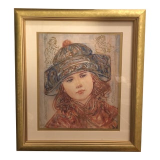 Vintage Edna Hibel "Musical Memories" Framed Enhanced Art Print With Gold Foil For Sale