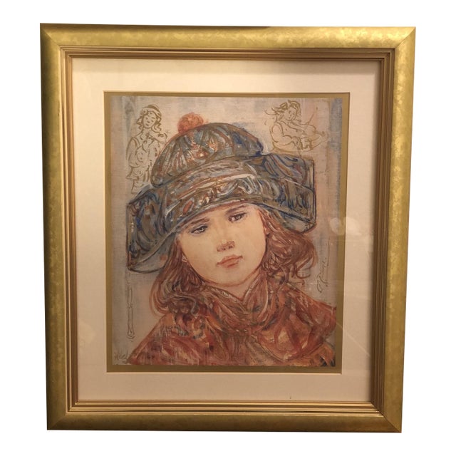 Vintage Edna Hibel "Musical Memories" Framed Enhanced Art Print With Gold Foil For Sale