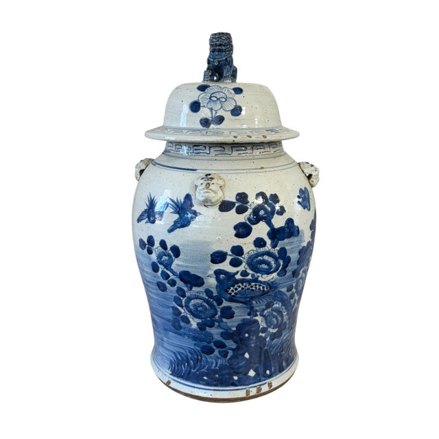 Superb vintage large-scale porcelain ginger jar standing 24" H × 12" W. Hand-painted chinoiserie design features delicate...