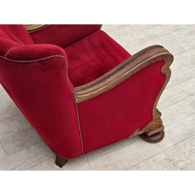 Danish Relax Armchair in Furniture Velour and Carved Oak Wood, 1950s For Sale - Image 9 of 18