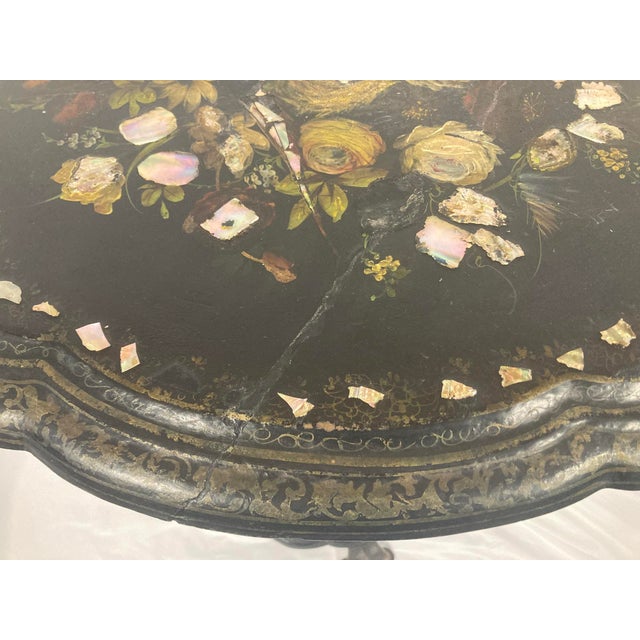 Antique Victorian Papier-Mâché Pedestal Table | Mother of Pearl Inlay |25'' H For Sale - Image 12 of 18