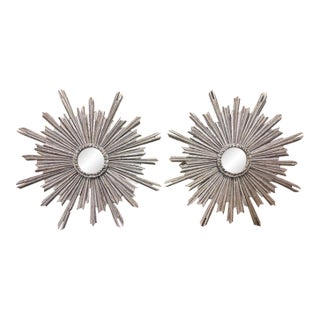 Pair of Italian Silver Leaf Wood Sunburst Mirrors For Sale