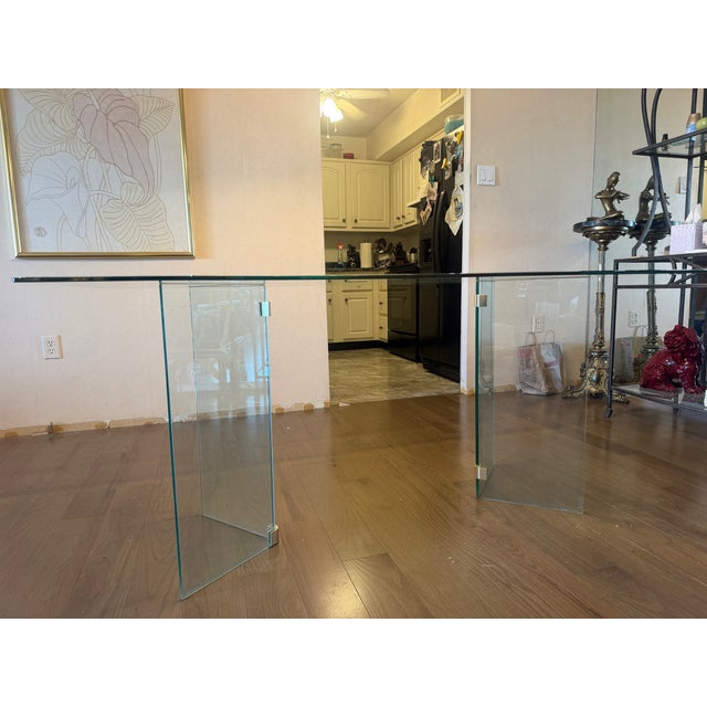 Hollywood Regency Vintage 1980s Attributed to Leon Rosen for Pace Rectangular Glass Dining Table With Brass For Sale - Image 3 of 10