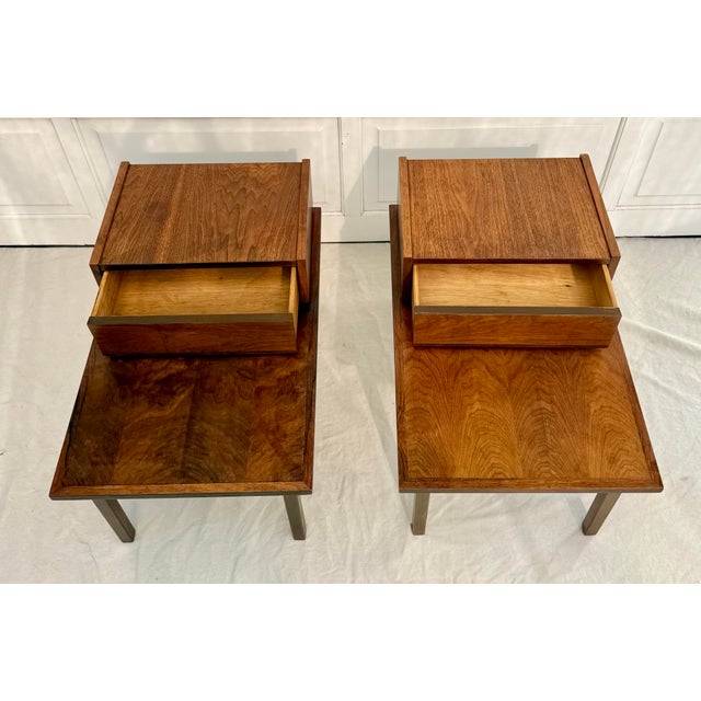 1960s Pair of MCM Stanley Furniture Walnut 2-Tier Stepped Nightstands Side Tables For Sale In Los Angeles - Image 6 of 18