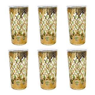 1960s Culver Moroccan 22k Gold and Green Glasses – Set of 6 For Sale