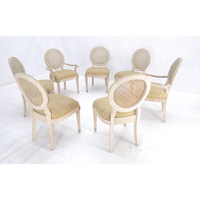 Set of 7 Swedish White Wash Paint Decorated Oval Cane Backs Dining Chairs NICE! For Sale - Image 6 of 11