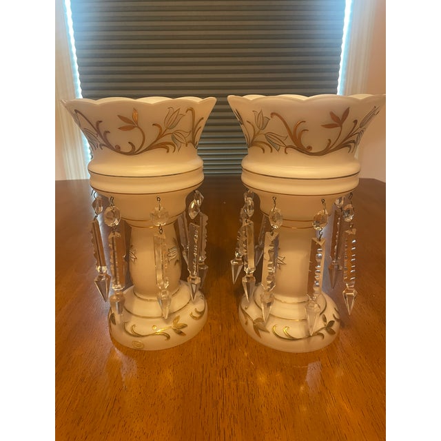 Pair of White Mantel Lustres With Crystal Prisms and Gold Floral Decoration For Sale - Image 4 of 7