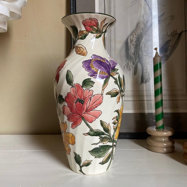 Vintage Flowers Ceramic Earthenware Vase by Gien, France, 1960s For Sale - Image 6 of 12