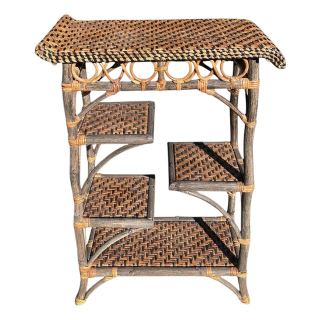 Vintage Rattan Wrapped Etagere With Staggered Shelving For Sale