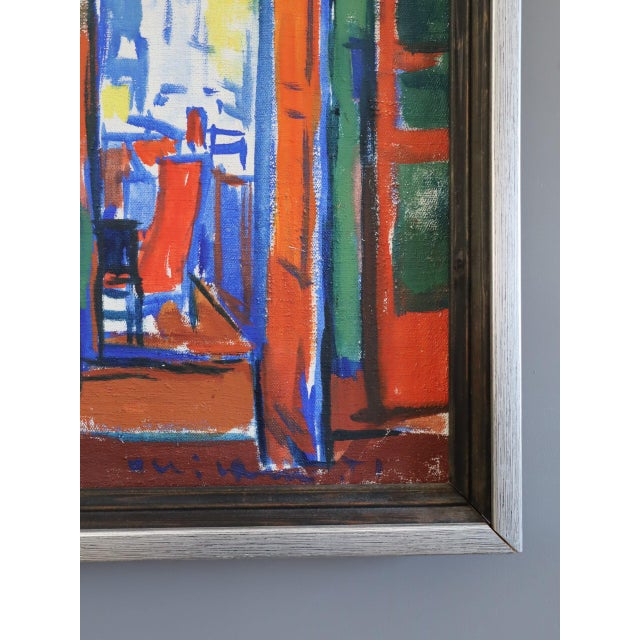 Blue Mid-Century Modern 'Vibrant Interior' Vintage Original Expressive Interior Oil Painting, Framed For Sale - Image 8 of 12