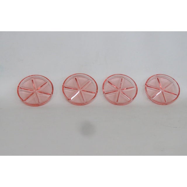 Early 20th Century Early 20th CenturyPink Depression Glass Drink Coasters 4pc Set With Raised Wheel Star Design For Sale - Image 5 of 13