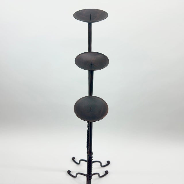 Hand Forged Iron Candelabra Set of 3 (93-113cm) Antique Copper Finish Barley Twist Stem with Wide Scroll Base For Sale - Image 4 of 6