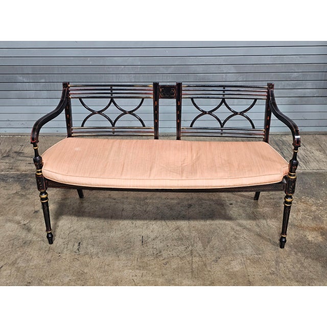 Late 20th Century Late 20th Century Baker Historic Charleston Bench Settee Black Finish Gold Accents For Sale - Image 5 of 15