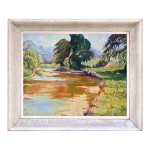 Mid Century River Mountain Valley Oasis Landscape