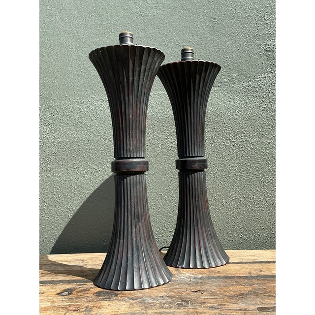 Vintage Patinated Fluted Metal Lamps - A Pair For Sale - Image 11 of 12