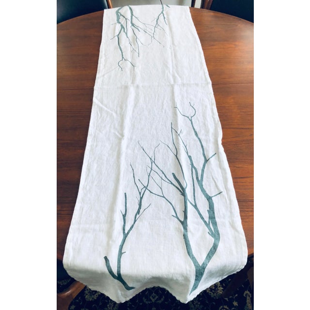 Contemporary German Linen Table Runner - Blue Branch For Sale - Image 3 of 5