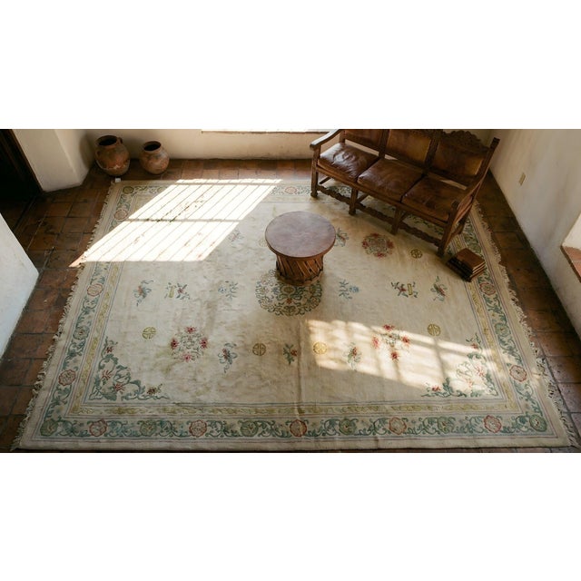 Ivory Background Color Delicate Details Floral in a Medallion Design Antique Chinese Peking Rug For Sale - Image 9 of 9