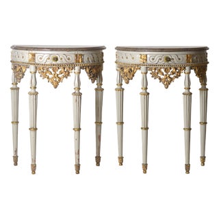 Carved and Painted Half-Moon Console Tables, Italy, 1940s, Set of 2 For Sale