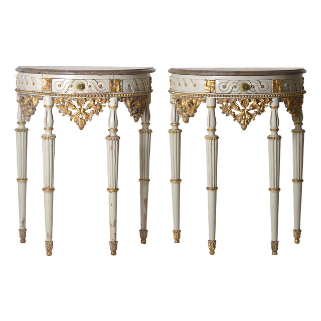 Carved and Painted Half-Moon Console Tables, Italy, 1940s, Set of 2 For Sale