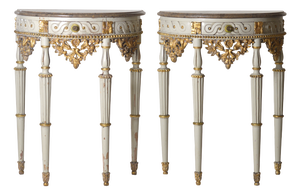 Carved and Painted Half-Moon Console Tables, Italy, 1940s, Set of 2