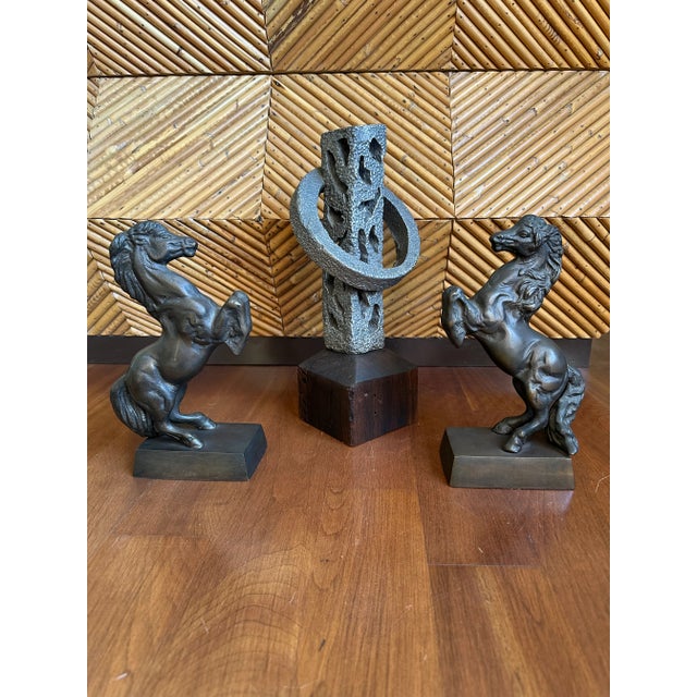 Vintage Signed 13” Hand Hammered Blackwashed Metal Sculpture on Wood Base in a Western Industrial Style For Sale - Image 9 of 17