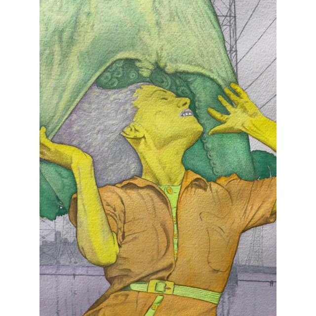 Vintage Surrealist Watercolor Painting of a Woman and Octopus 1973 For Sale - Image 4 of 11