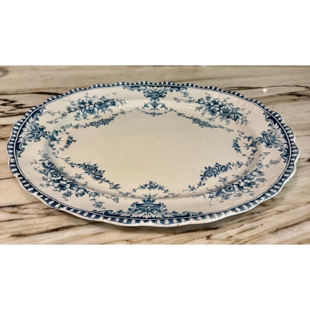Beautiful antique delicate blue and white botanical design transfer ware large serving platter. SM & Sons England marked...