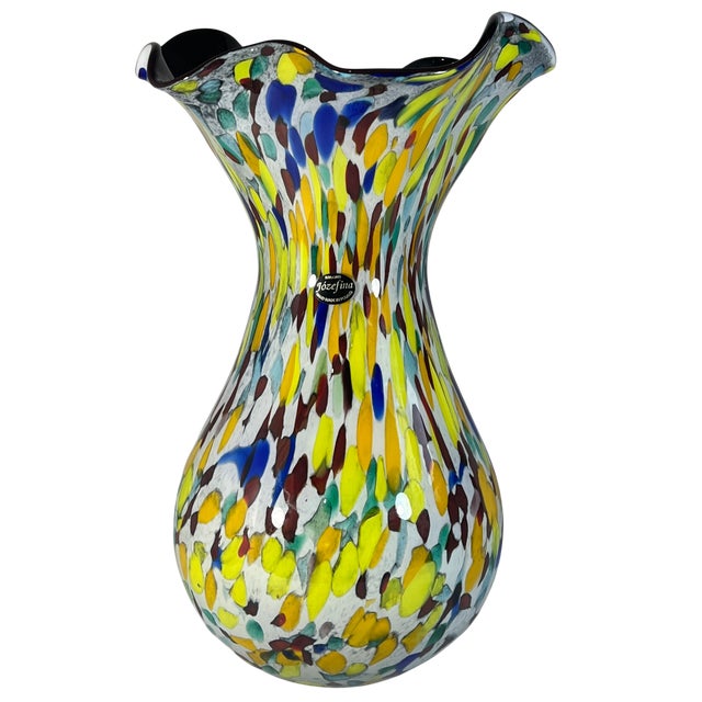 Murano 15+ In. Tall Bulbous Multicolor Ruffled Art Glass Confetti Multicolor Vase For Sale - Image 4 of 18