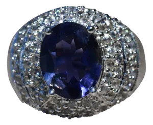 The Mahonia: Ladies White Gold Cocktail Ring set with 4.37 CT Iolite Center and White Zircon