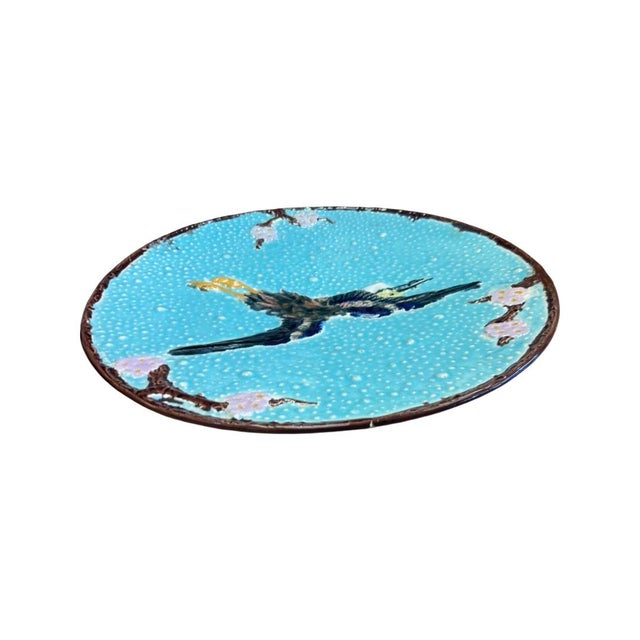 Late 19th Century Late 19th Century Joseph Holdcroft Turqoise Flying Crane Majolica Plate For Sale - Image 5 of 6
