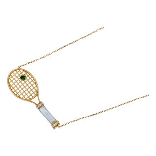 Tennis Racket White Mother of Pearl Handle Green Emerald Tennis Ball Jewelry 18 For Sale