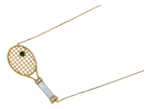 Tennis Racket White Mother of Pearl Handle Green Emerald Tennis Ball Jewelry 18