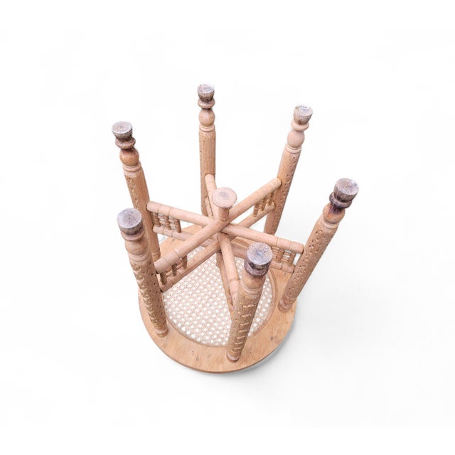 Vintage Spanish Hand-Carved Wood Stool with Woven Cane Seat, 1950s For Sale - Image 3 of 13
