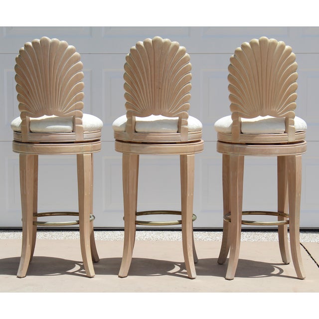 1980s Vintage Italian Hollywood Regency Grotto Shell-Back Swivel Bar Stools - Set of 3 For Sale - Image 11 of 18